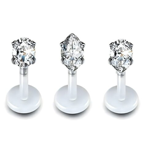 Bioplast Labret Stud w/ Push Fit Marquise Teardrop Oval Prong CZ Tops - Image 2