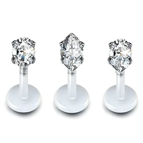 Bioplast Labret Stud w/ Push Fit Marquise Teardrop Oval Prong CZ Tops - Image 2