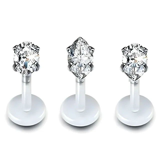 Bioplast Labret Stud w/ Push Fit Marquise Teardrop Oval Prong CZ Tops