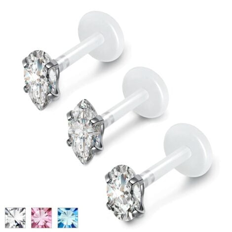 Bioplast Labret Stud w/ Push Fit Marquise Teardrop Oval Prong CZ Tops