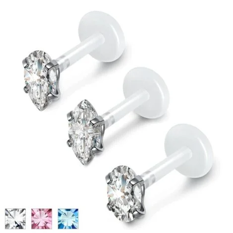 Bioplast Labret Stud w/ Push Fit Marquise Teardrop Oval Prong CZ Tops - Image 1