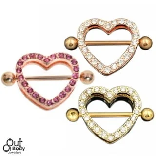 Crystal Pave Heart Golden Showgirl Nipple Ring Pairs