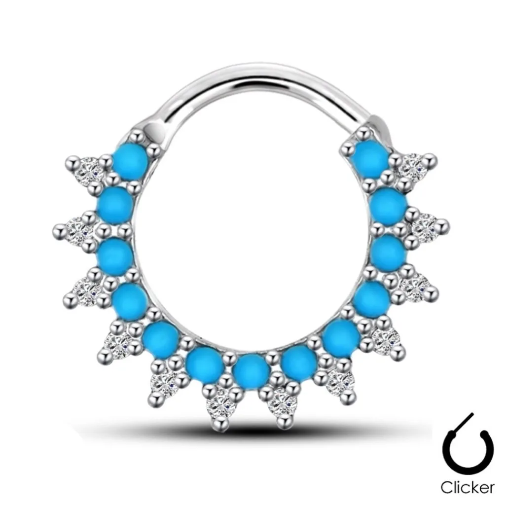 Septum Daith Clicker Round Ring with CZ and Turquoise