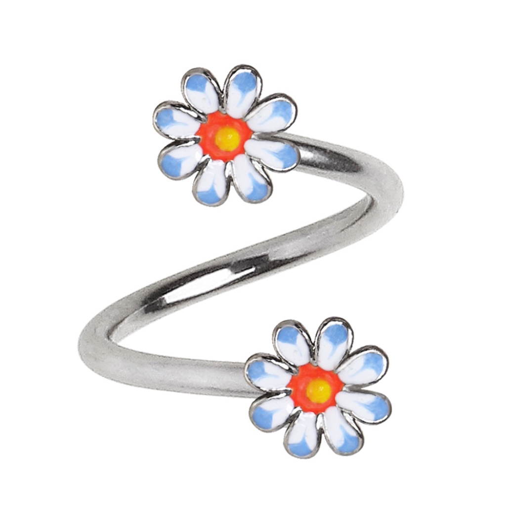 316L Surgical Steel Twist Barbell with Blue Daisy Flower Ends