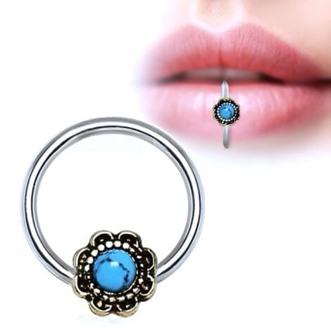 Cartilage Septum Lip Ring Rotatable With Turquoise Flower Snap In Bead
