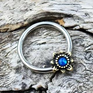 Cartilage Septum Lip Ring Rotatable With Blue Opal Star Snap In Bead - Image 3