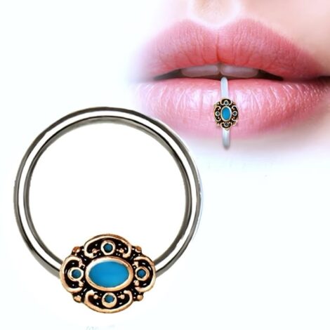 Cartilage Lip Septum Ring Rotatable With Teal Ornate Snap In Bead - Image 1