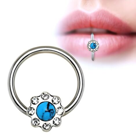 Cartilage Septum Lip Ring Rotatable With Snap In Turquoise CZ Flower - Image 1