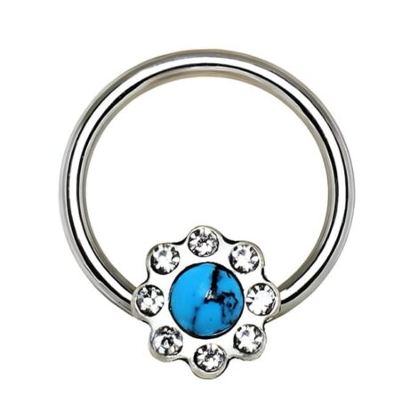 Cartilage Septum Lip Ring Rotatable With Snap In Turquoise CZ Flower - Image 3