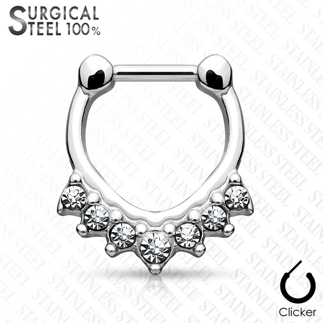 Septum Daith Clicker All 316L Steel With 7 CZ Chevron Design