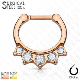 Septum Daith Clicker All 316L Surgical Steel With 5 Crystal Drop in Gold
