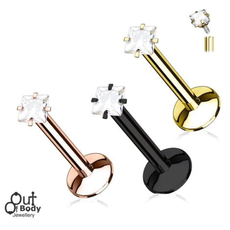 16G CZ Square Prong Set Top, Labret Monroe Cartilage Stud in IP Titanium