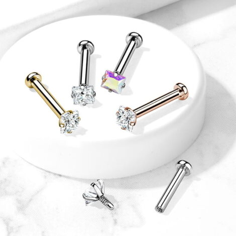 16G CZ Square Prong Set Top, Labret Monroe Cartilage Stud in IP Titanium - Image 5