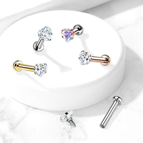 16G CZ Heart Prong Set Top, Labret Monroe Cartilage Stud in IP Titanium - Image 5