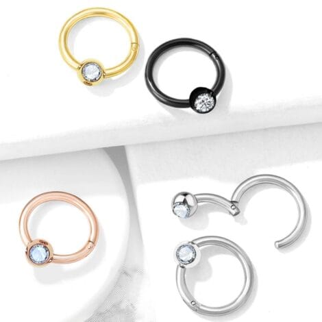 Hinged Hoop Segment Ring with Fixed Jewelled Ball