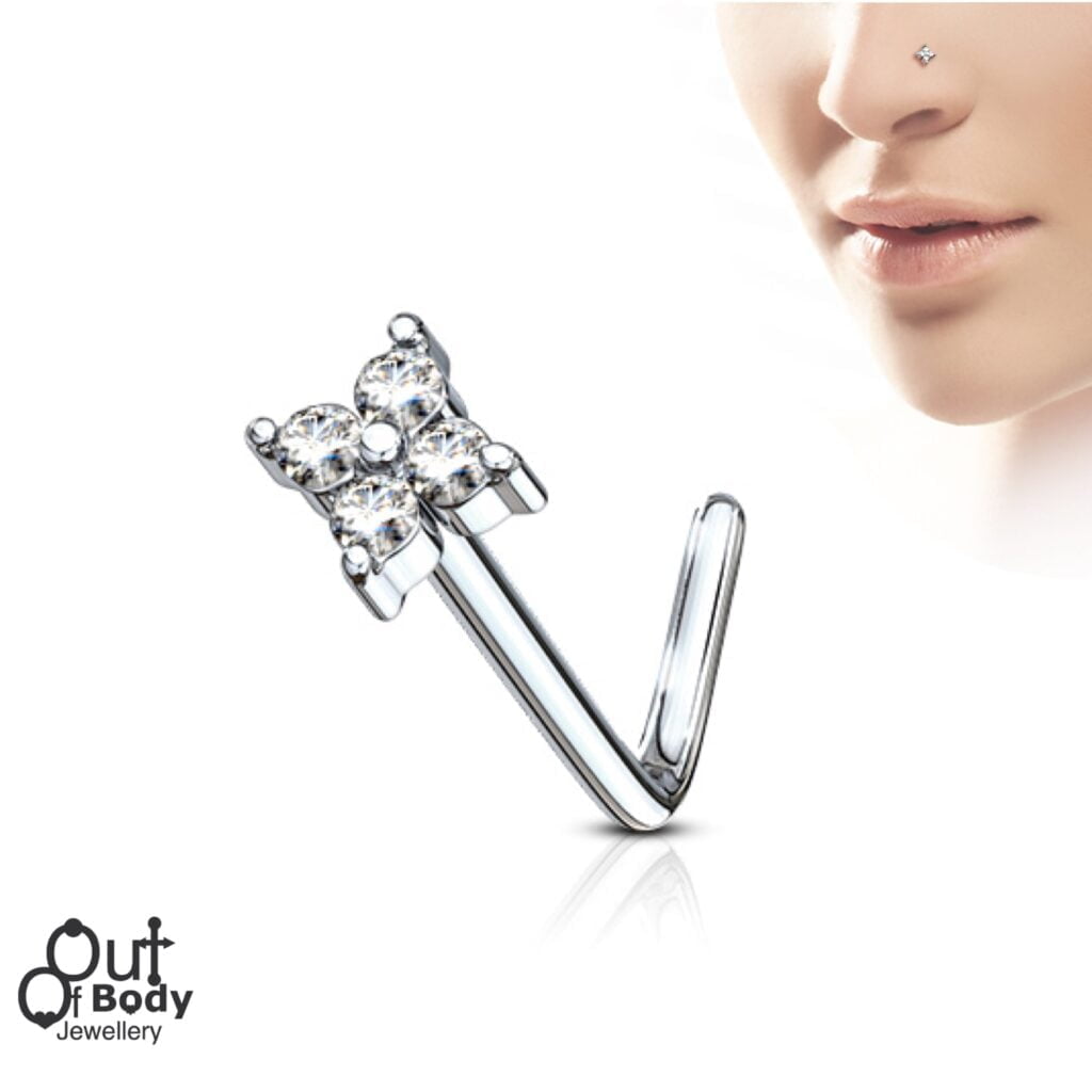 CZ Set Square Shape Top L Bend Nose Stud Ring