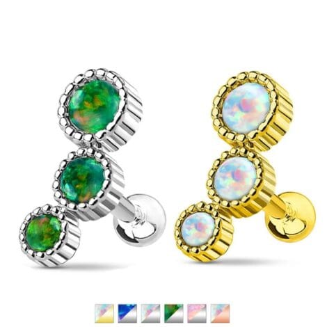 Cartilage Barbell Earring with Triple Opal Set Curved Top