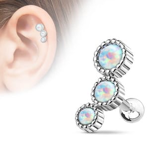 Cartilage Barbell Earring with Triple Opal Set Curved Top - Image 7