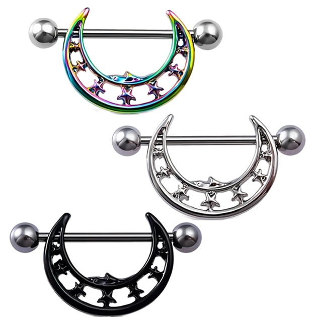 Crescent Shield with Moon Face with Stars Nipple Ring Pairs