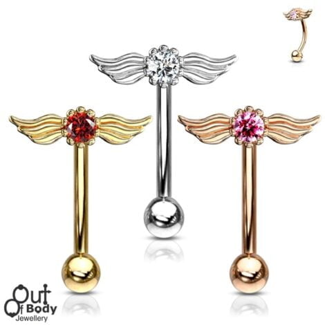 Angel Wings w/ Prong Round Crystal Eyebrow Rook Curved Barbell