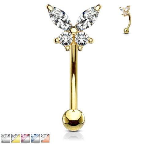 Butterfly CZ Top Curved Eyebrow, Navel, Rook Barbell