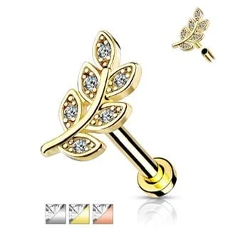 Ear Cartilage Labret with Threaded CZ Set Fern Leaf Top