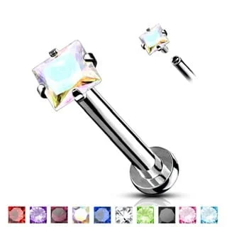 16G CZ Square Prong Set Top, Internally Threaded Cartilage Labret Stud