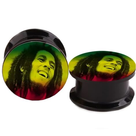 Acrylic Black Threaded Tunnel Pairs with Bob Marley Rasta Print