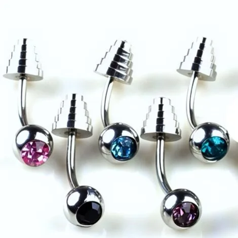 Curved Eyebrow Barbell with Gem Ball and Stepped Cone
