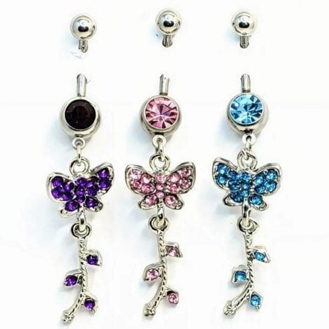 Gem Paved Butterfly Belly Ring With Dangling Tassel Vine