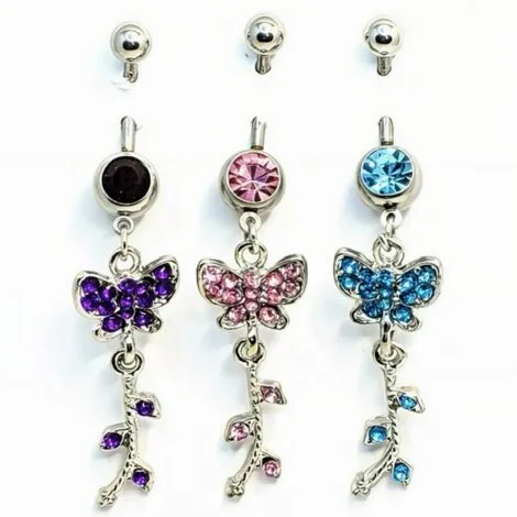 Gem Paved Butterfly Belly Ring With Dangling Tassel Vine