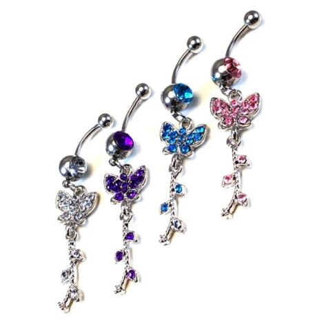 Gem Paved Butterfly Belly Ring With Dangling Tassel Vine - Image 2