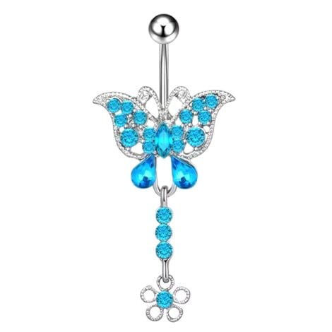 Aqua Gem Butterfly Belly Ring with Dangling Flower