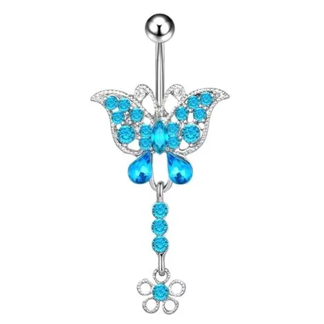 Aqua Gem Butterfly Belly Ring with Dangling Flower