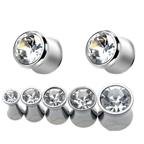 316L Surgical Steel Saddle Plug Pairs with Clear CZ Gem Top