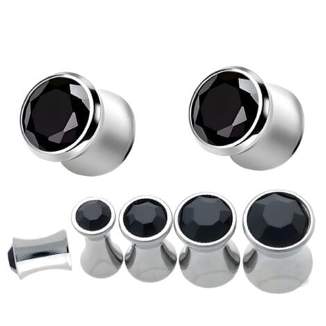 316L Surgical Steel Saddle Plug Pair with Black CZ Gem Top