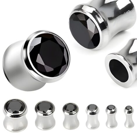316L Surgical Steel Saddle Plug Pair with Black CZ Gem Top - Image 2