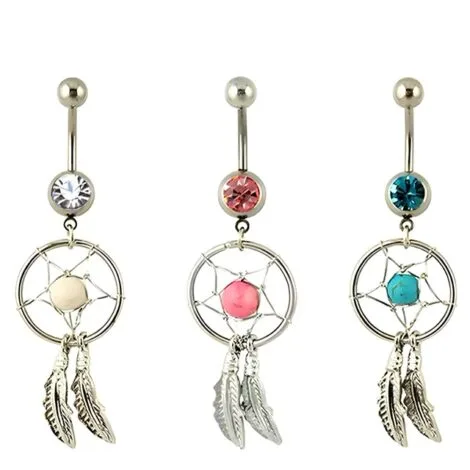 Dream Catcher Web Belly Ring With Feathers and Turquoise