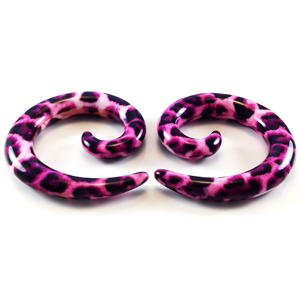 Acrylic Spiral Taper Plug Pairs In Pink/Maroon Leopard Print