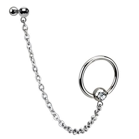 Gem Set Captive Bead Ring With Chain Linked Barbell