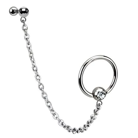Gem Set Captive Bead Ring With Chain Linked Barbell