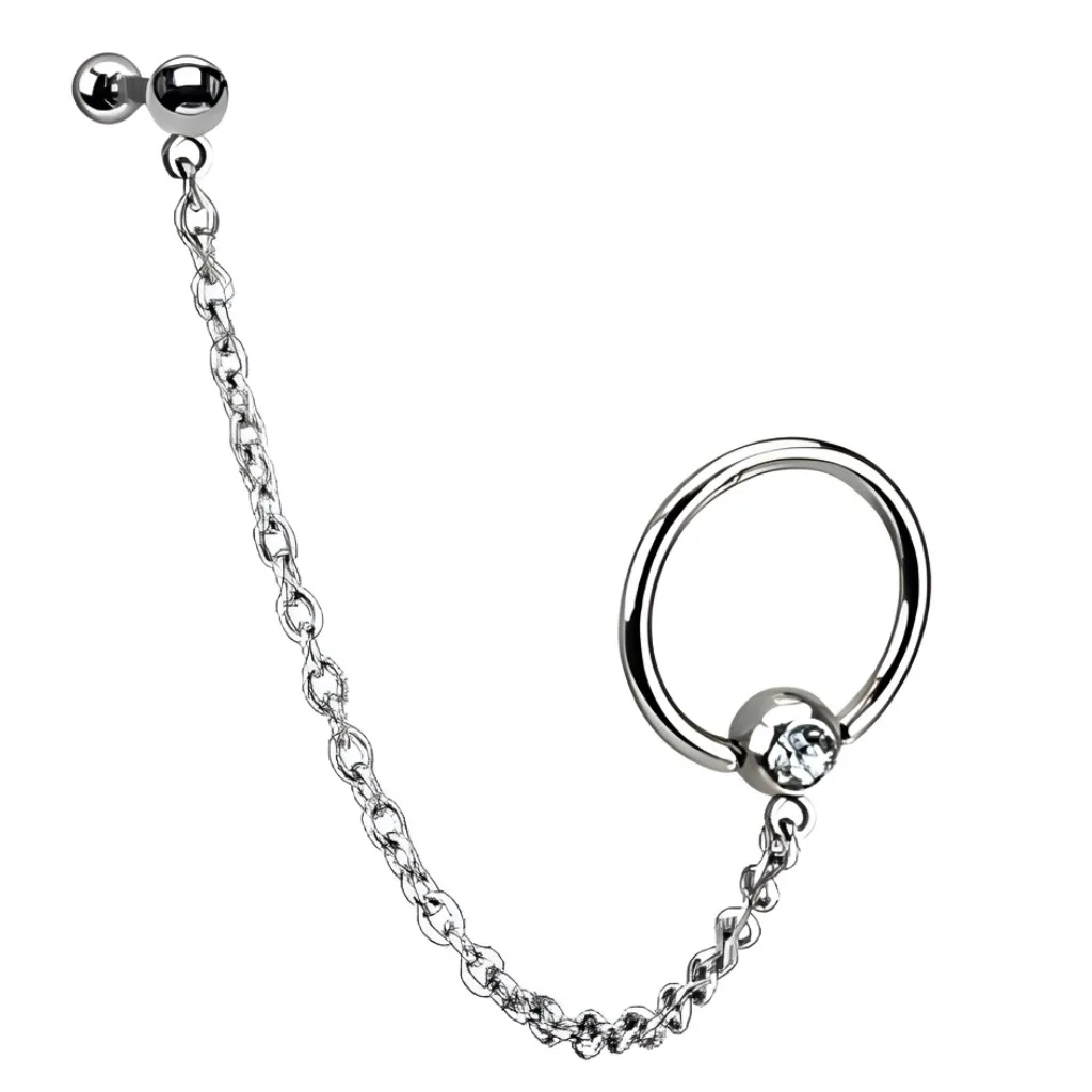 Gem Set Captive Bead Ring With Chain Linked Barbell