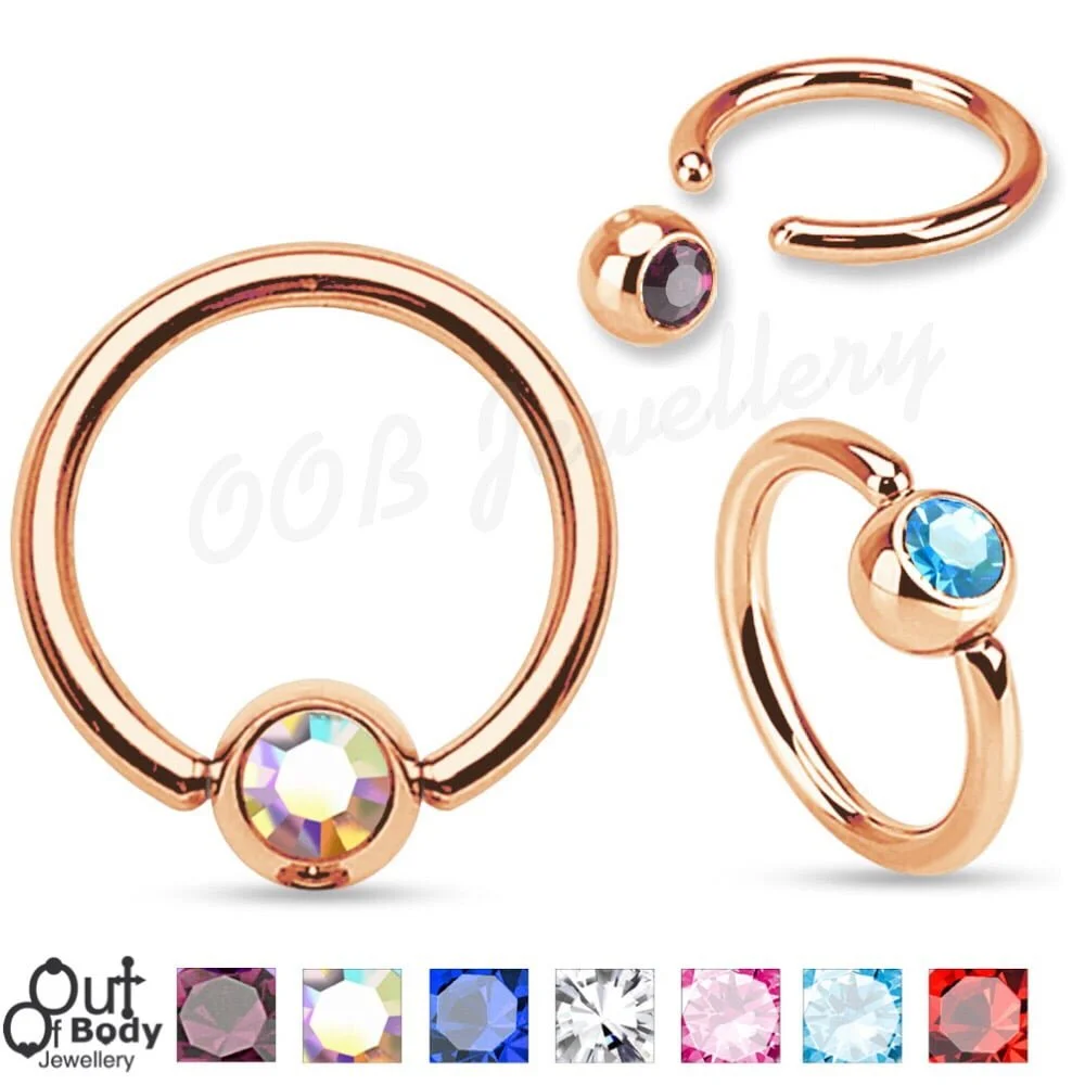 316L Steel Captive Bead Ring W/ IP Rose Gold Press Fit Gem