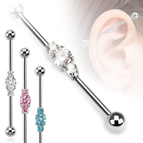 Three Linked CZ Industrial Barbell In 316L Surgical Steel
