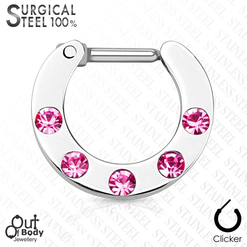 Septum Clicker All 316L Steel Paved W/ 5 Gems Nose Ring