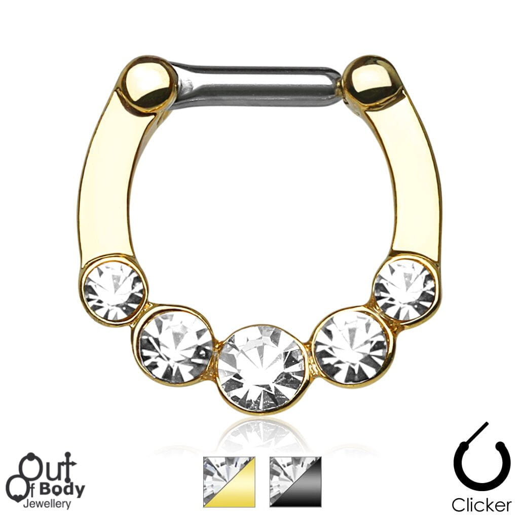 Septum Clicker Hinged W/ 5 Clear Gems IP Titanium Nose Ring