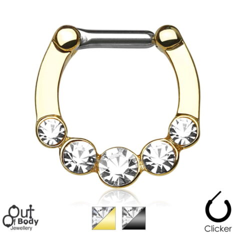 Septum Clicker Hinged W/ 5 Clear Gems IP Titanium Nose Ring