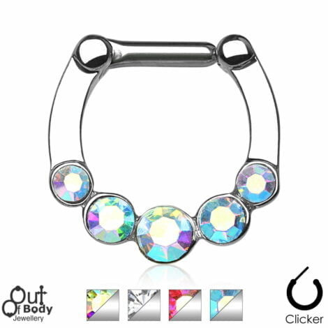 Septum Clicker Hinged W/ 5 AB Or Clear Gems Nose Ring