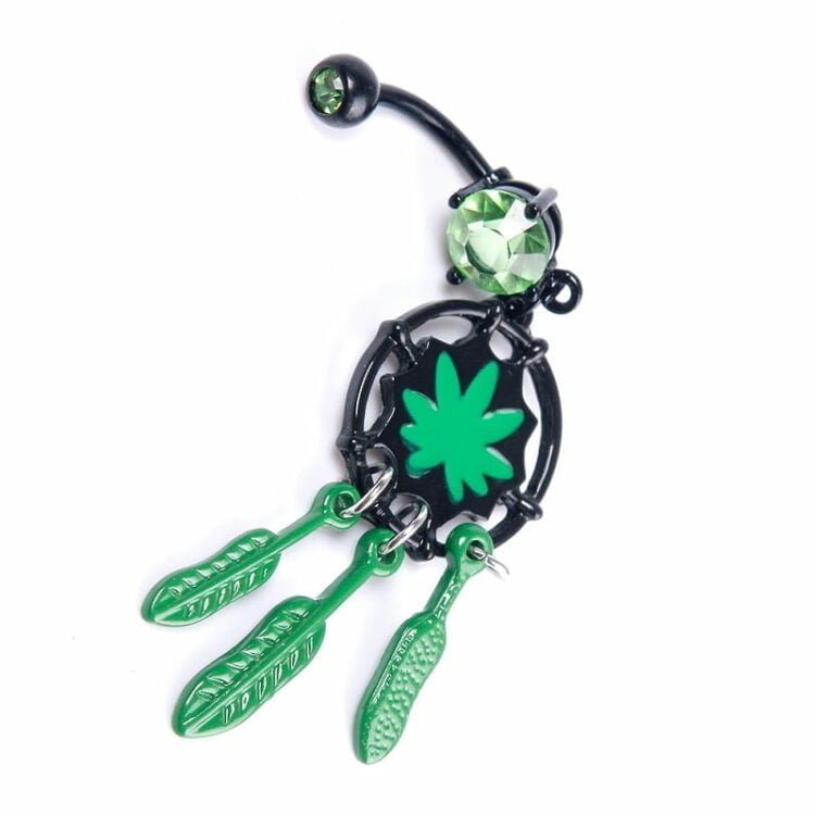 Pot Leaf & Feather Dreamcatcher Belly Ring W/ Pronged Gem