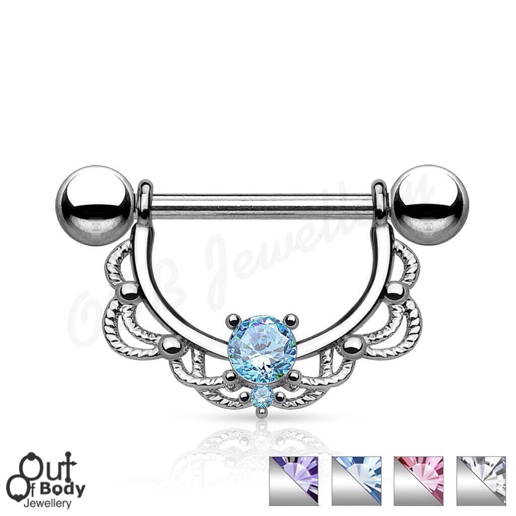 316L Steel CZ Centered Filigree Drop Nipple Ring